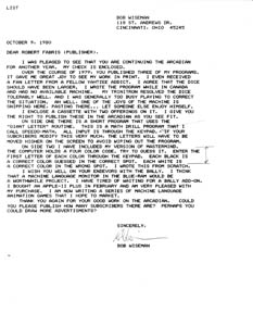 Letter to Bob Fabris By Bob Wiseman (Oct 9, 1980)